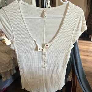 Free People White/Cream Short Sleeve Henley Top